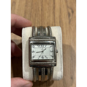 Premier Designs Watch Women Silver Tone Hinged Cuff Rectangle New Battery 6.25"